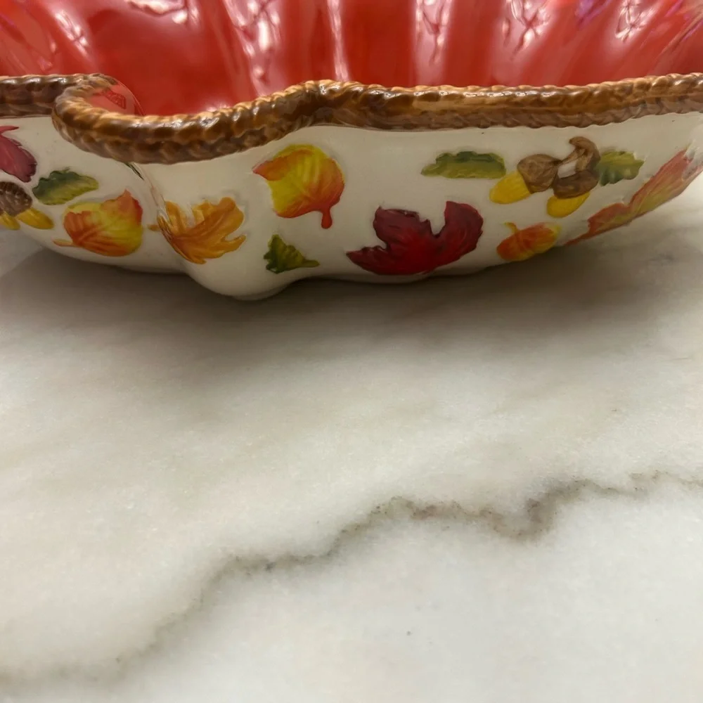 Temp-Tations Orange Leaf-Shaped Decorative Serving Bowl with Gold Trim